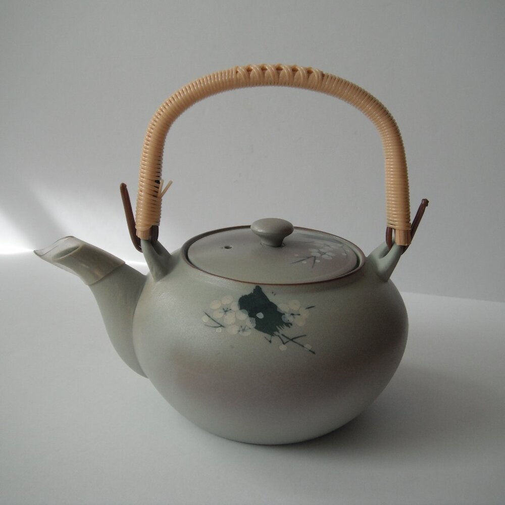Vintage Japanese Ceramic Teapot Hand Painted Rattan Handle Floral